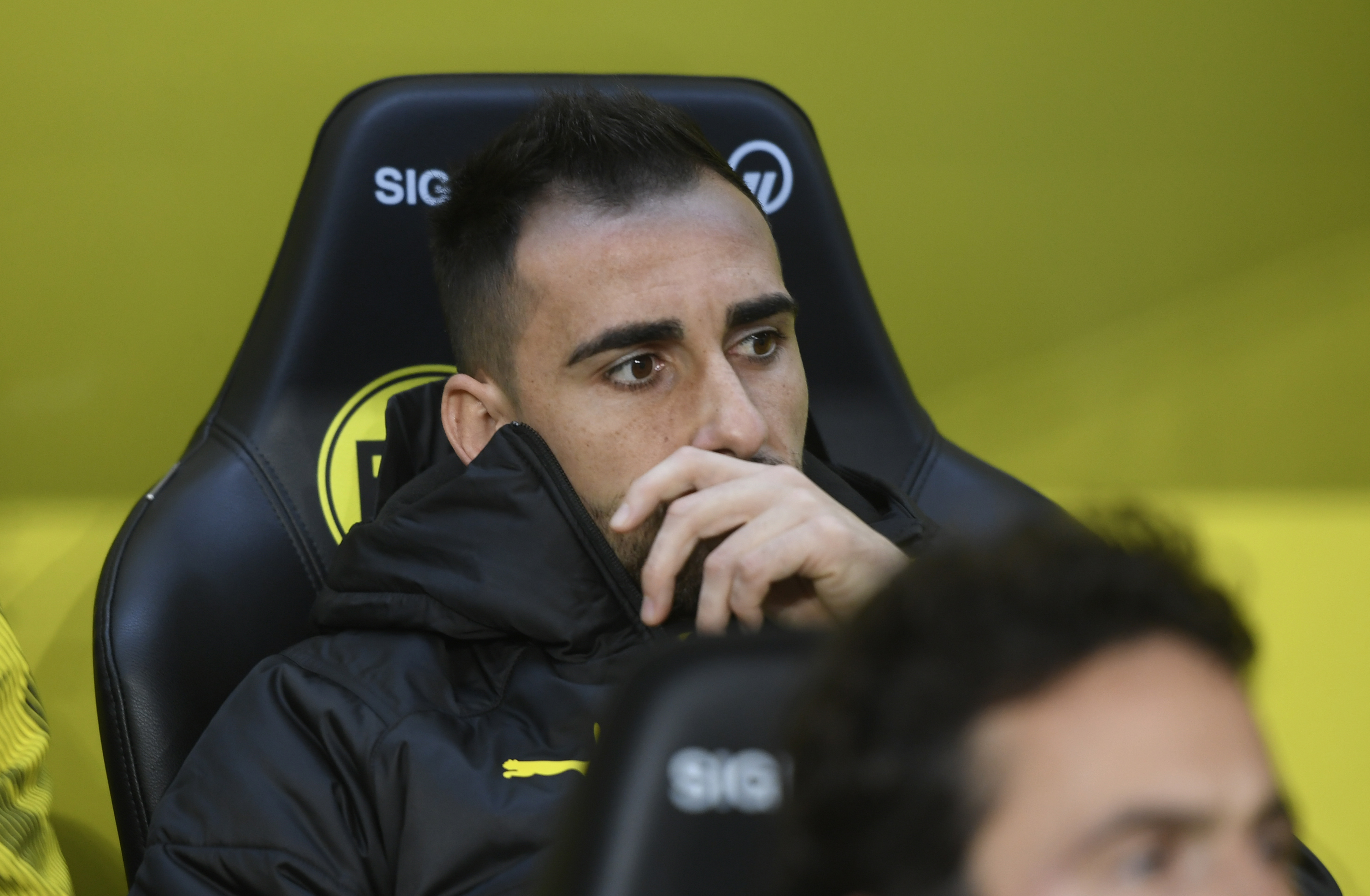 Dortmund's Spanish forward Paco Alcacer sits on the bench during during the German first division Bundesliga football match between Borussia Dortmund and VfL Wolfsburg on November 2, 2019 in Dortmund, western Germany. (Photo by INA FASSBENDER / AFP) / DFL REGULATIONS PROHIBIT ANY USE OF PHOTOGRAPHS AS IMAGE SEQUENCES AND/OR QUASI-VIDEO (Photo by INA FASSBENDER/AFP via Getty Images)