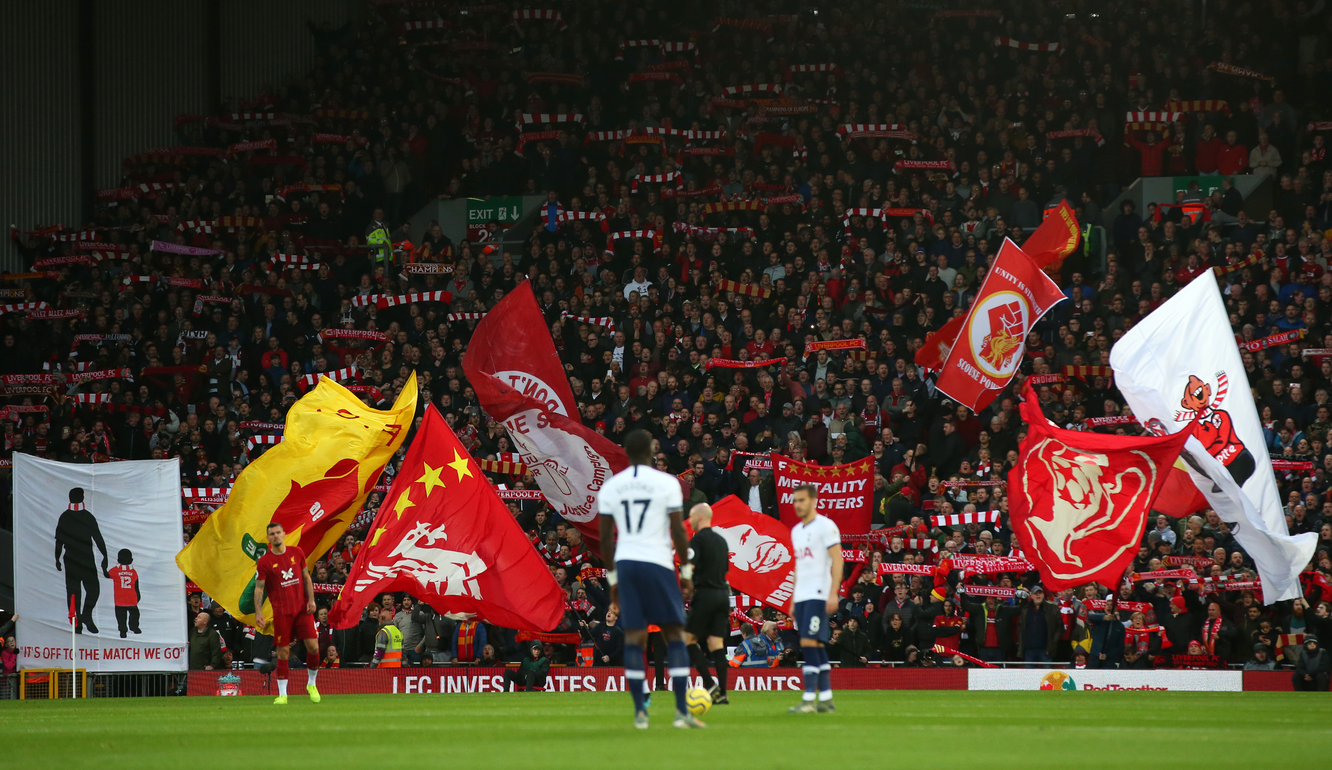 LIVERPOOL, ENGLAND - OCTOBER 27:  Liverpool fans show their support prior to the Premier League match between Liverpool FC and Tottenham Hotspur at Anfield on October 27, 2019 in Liverpool, United Kingdom. (Photo by Alex Livesey/Getty Images)