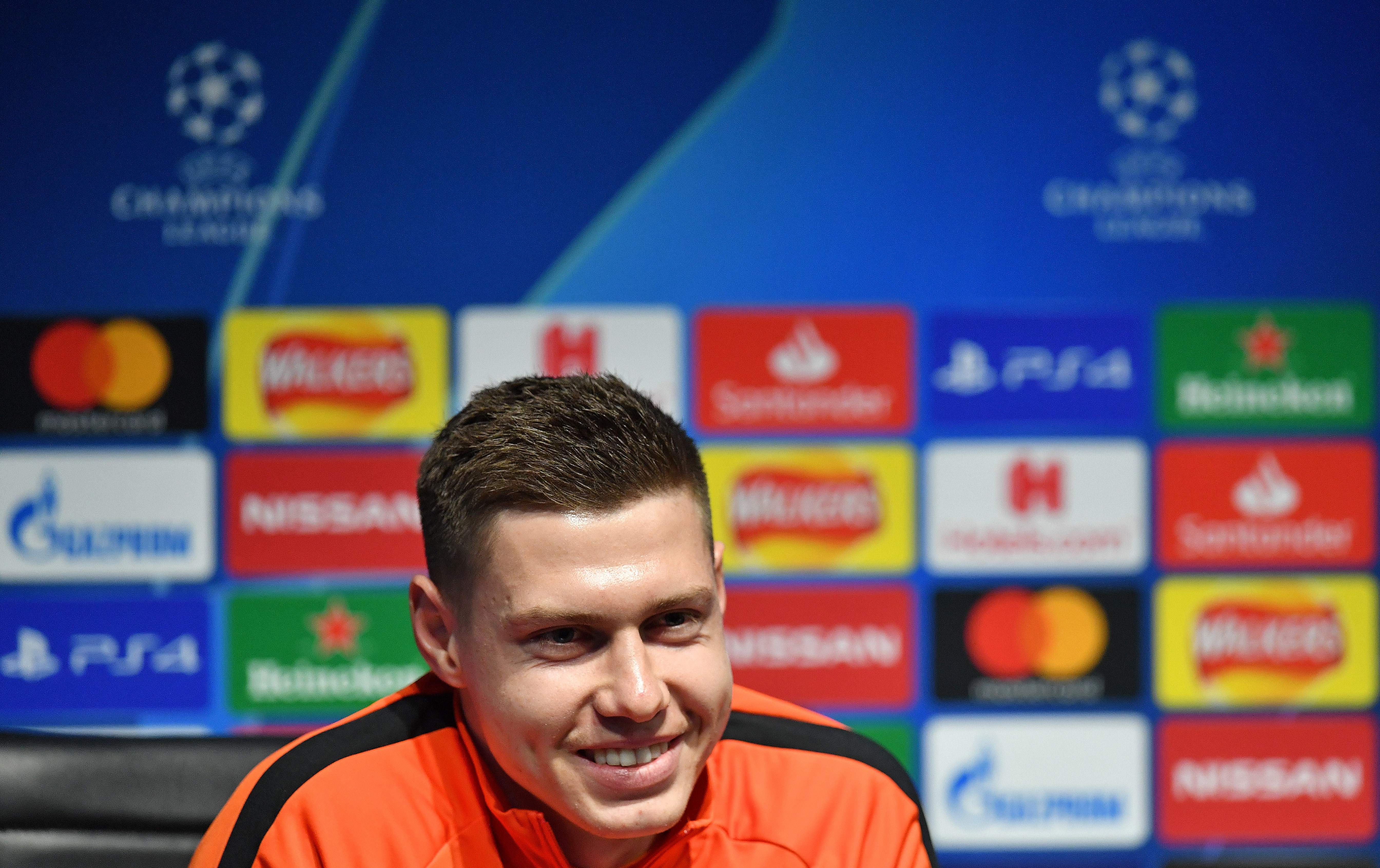 Shakhtar Donetsk's Ukrainian defender Mykola Matviyenko attends a press conference at the Etihad Stadium in Manchester, north west England on November 25, 2019, on the eve of their UEFA Champions League football Group C match against Manchester City. (Photo by Paul ELLIS / AFP) (Photo by PAUL ELLIS/AFP via Getty Images)