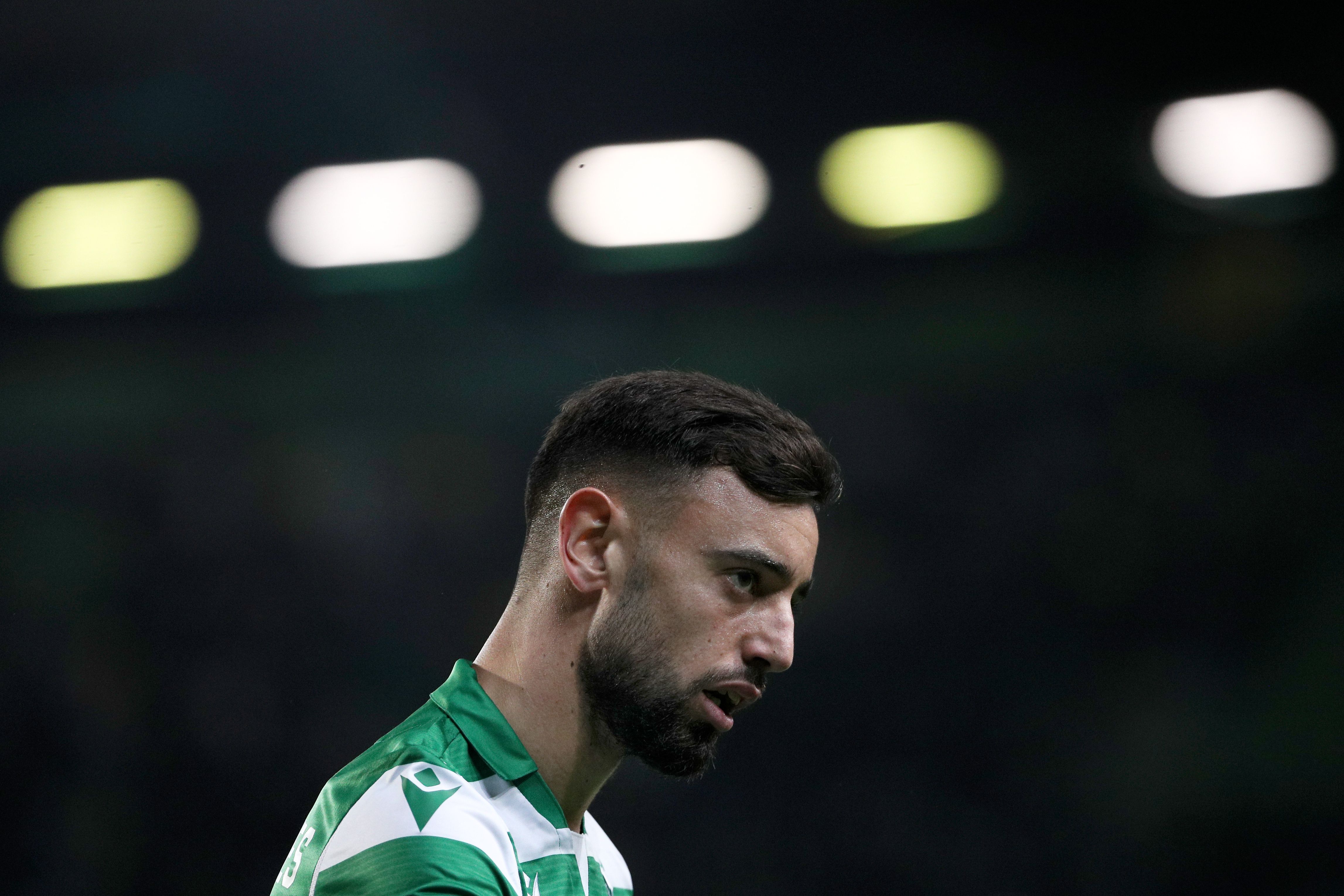 Sporting's Portuguese midfielder Bruno Fernandes looks on during the UEFA Europa League Group D football match between Sporting CP and PSV Eindhoven at the Jose Alvalade stadium in Lisbon, on November 28, 2019. (Photo by FILIPE AMORIM / AFP) (Photo by FILIPE AMORIM/AFP via Getty Images)