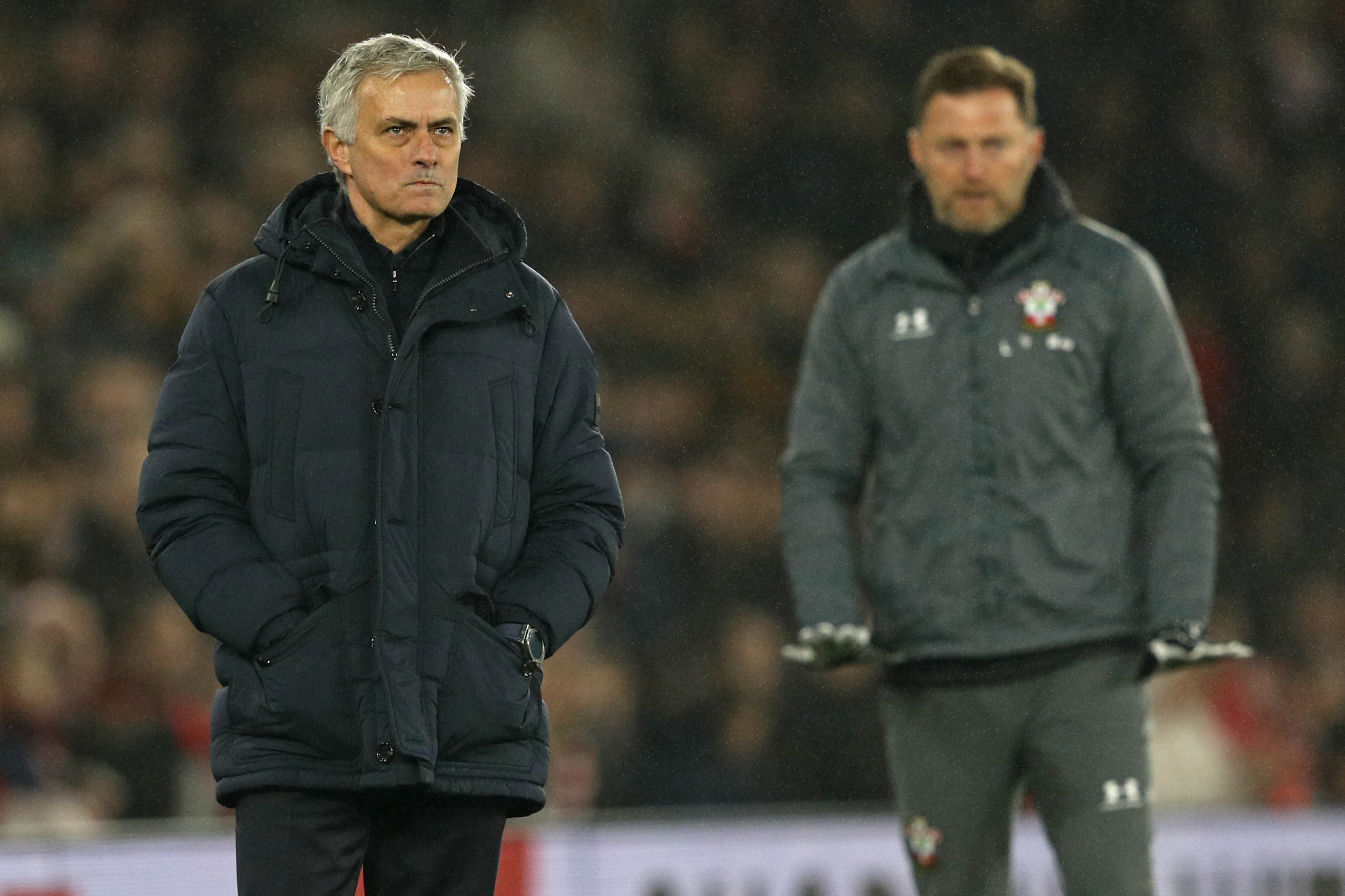 Tottenham Hotspur's Portuguese head coach Jose Mourinho (L) and Southampton's Austrian manager Ralph Hasenhuttl (R) gesture on the touchline during the English Premier League football match between Southampton and Tottenham at St Mary's Stadium in Southampton, southern England on January 1, 2020. (Photo by Adrian DENNIS / AFP) / RESTRICTED TO EDITORIAL USE. No use with unauthorized audio, video, data, fixture lists, club/league logos or 'live' services. Online in-match use limited to 120 images. An additional 40 images may be used in extra time. No video emulation. Social media in-match use limited to 120 images. An additional 40 images may be used in extra time. No use in betting publications, games or single club/league/player publications. /  (Photo by ADRIAN DENNIS/AFP via Getty Images)