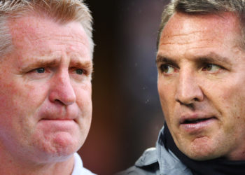 FILE PHOTO (EDITORS NOTE: COMPOSITE OF IMAGES - Image numbers 1163993514,1196044186 - GRADIENT ADDED) In this composite image a comparison has been made between Dean Smith, manager of Aston Villa (L) and Brendan Rodgers, Manager of Leicester City. Leicester City and Aston Villa meet in the first leg of the Carabao Cup Semi Final on January 8,2020. *** LEFT IMAGE*** WALSALL, ENGLAND - JULY 24: Dean Smith, manager of Aston Villa looks on prior to the Pre-Season Friendly match between Walsall and Aston Villa at Banks's Stadium on July 24, 2019 in Walsall, England. (Photo by Clive Mason/Getty Images) ***RIGHT IMAGE*** BRIGHTON, ENGLAND - NOVEMBER 23: Brendan Rodgers, Manager of Leicester City looks on prior to the Premier League match between Brighton & Hove Albion and Leicester City at American Express Community Stadium on November 23, 2019 in Brighton, United Kingdom. (Photo by Bryn Lennon/Getty Images)