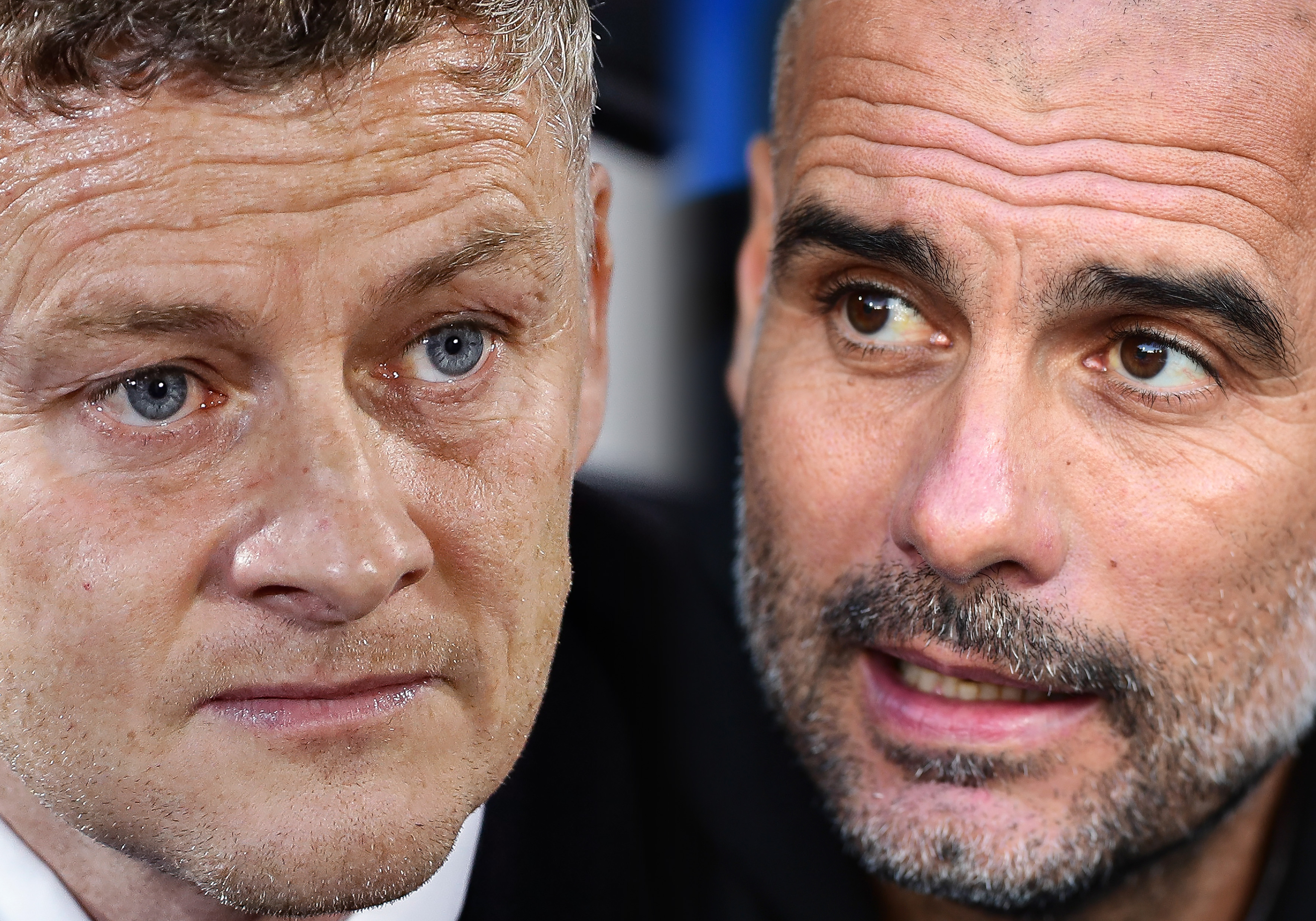 FILE PHOTO (EDITORS NOTE: COMPOSITE OF IMAGES - Image numbers 1177970074,1182084551 - GRADIENT ADDED) In this composite image a comparison has been made between Manager Ole Gunnar Solskjaer of Manchester United (L) and Pep Guardiola, Manager of Manchester City. Manchester United  and Manchester City meet in the first leg of the Carabao Cup Semi Final.   ***LEFT IMAGE*** BELGRADE, SERBIA - OCTOBER 24: Manager Ole Gunnar Solskjaer of Manchester United looks on prior the UEFA Europa League group L match between Partizan and Manchester United at Partizan Stadium on October 24, 2019 in Belgrade, Serbia. (Photo by Srdjan Stevanovic/Getty Images) ***RIGHT IMAGE*** LONDON, ENGLAND - OCTOBER 19: Pep Guardiola, Manager of Manchester City looks on ahead of the Premier League match between Crystal Palace and Manchester City at Selhurst Park on October 19, 2019 in London, United Kingdom. (Photo by Alex Broadway/Getty Images)