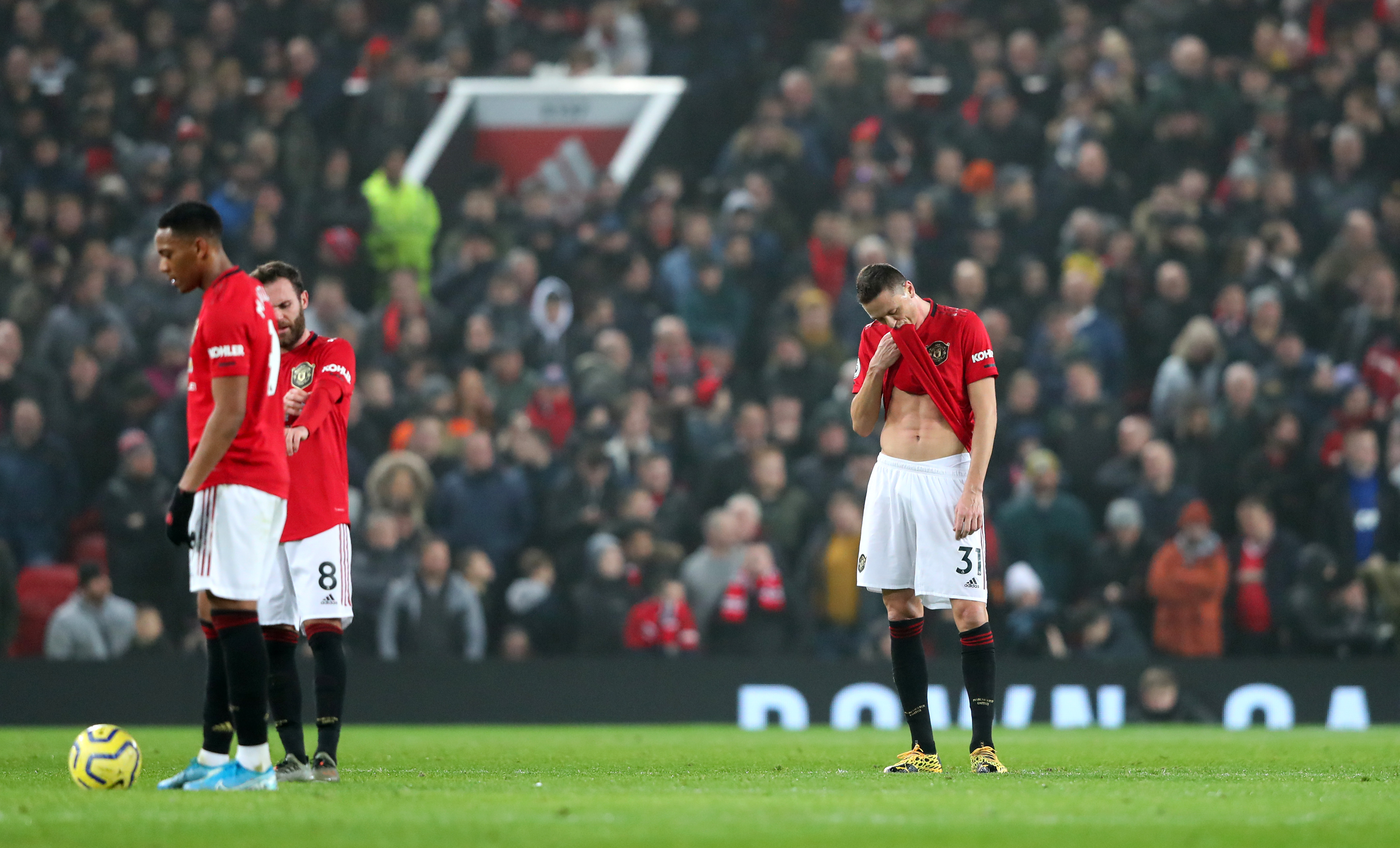 MANCHESTER, ENGLAND - JANUARY 22: Nemanja Matic of Manchester United reacts after his side concede their first goal  during the Premier League match between Manchester United and Burnley FC at Old Trafford on January 22, 2020 in Manchester, United Kingdom. (Photo by Alex Livesey/Getty Images)