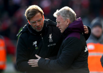 LIVERPOOL, ENGLAND - FEBRUARY 24:  Jurgen Klopp, Manager of Liverpool greets David Moyes, Manager of West Ham United prior to the Premier League match between Liverpool and West Ham United at Anfield on February 24, 2018 in Liverpool, England.  (Photo by Clive Brunskill/Getty Images)