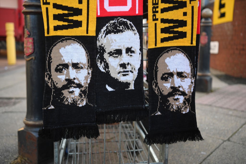 WOLVERHAMPTON, ENGLAND - APRIL 02: Scarves for sale prior to the Premier League match between Wolverhampton Wanderers and Manchester United at Molineux on April 02, 2019 in Wolverhampton, United Kingdom. (Photo by Michael Regan/Getty Images)