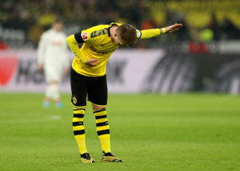 DORTMUND, GERMANY - JANUARY 24: Marco Reus of Dortmund celebrates after scoring his teams second goal  during the Bundesliga match between Borussia Dortmund and 1. FC Koeln at Signal Iduna Park on January 24, 2020 in Dortmund, Germany. (Photo by Lars Baron/Bongarts/Getty Images)