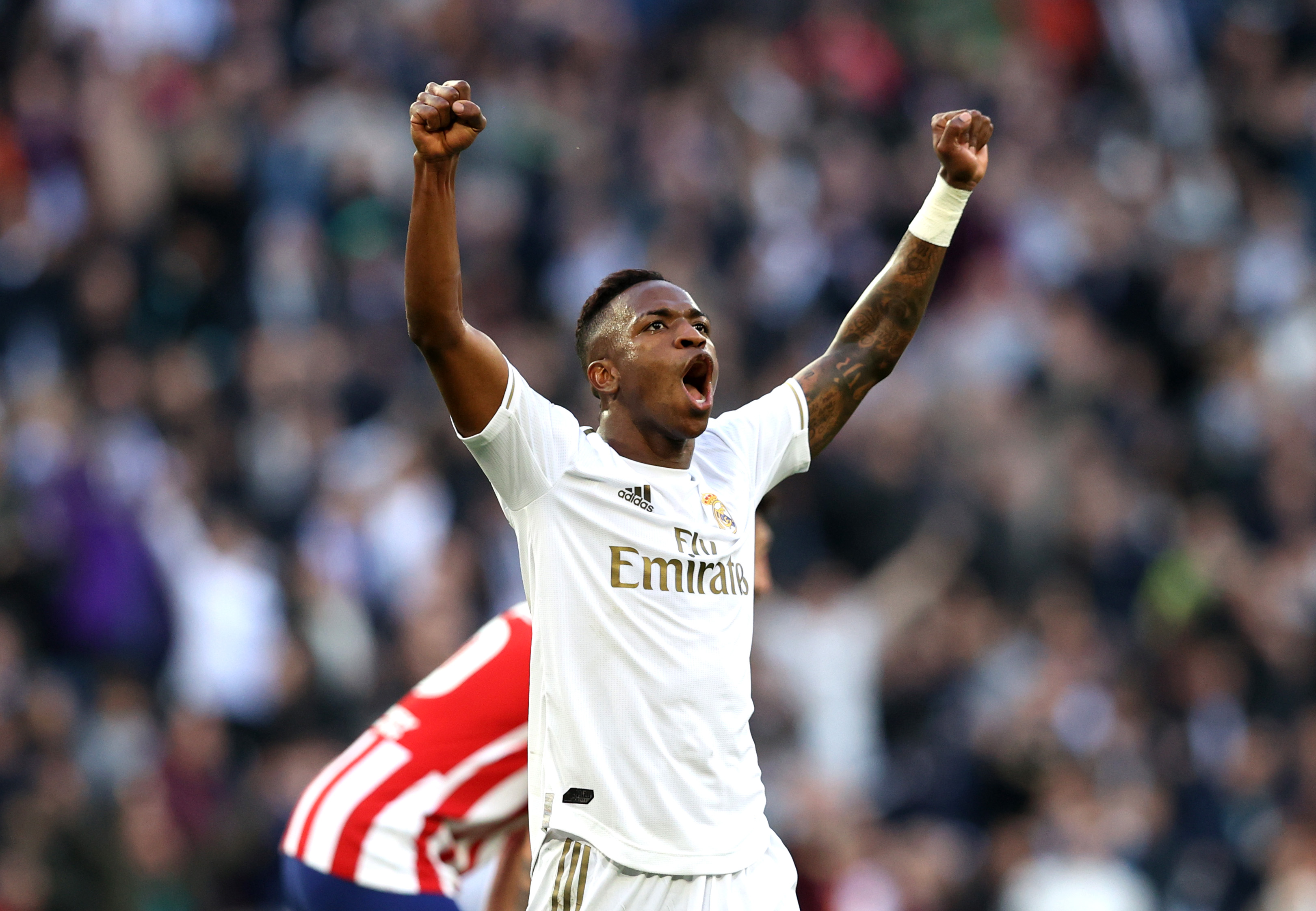 MADRID, SPAIN - FEBRUARY 01: Vinicius Junior of Real Madrid celebrates victory after the La Liga match between Real Madrid CF and Club Atletico de Madrid at Estadio Santiago Bernabeu on February 01, 2020 in Madrid, Spain. (Photo by Angel Martinez/Getty Images)
