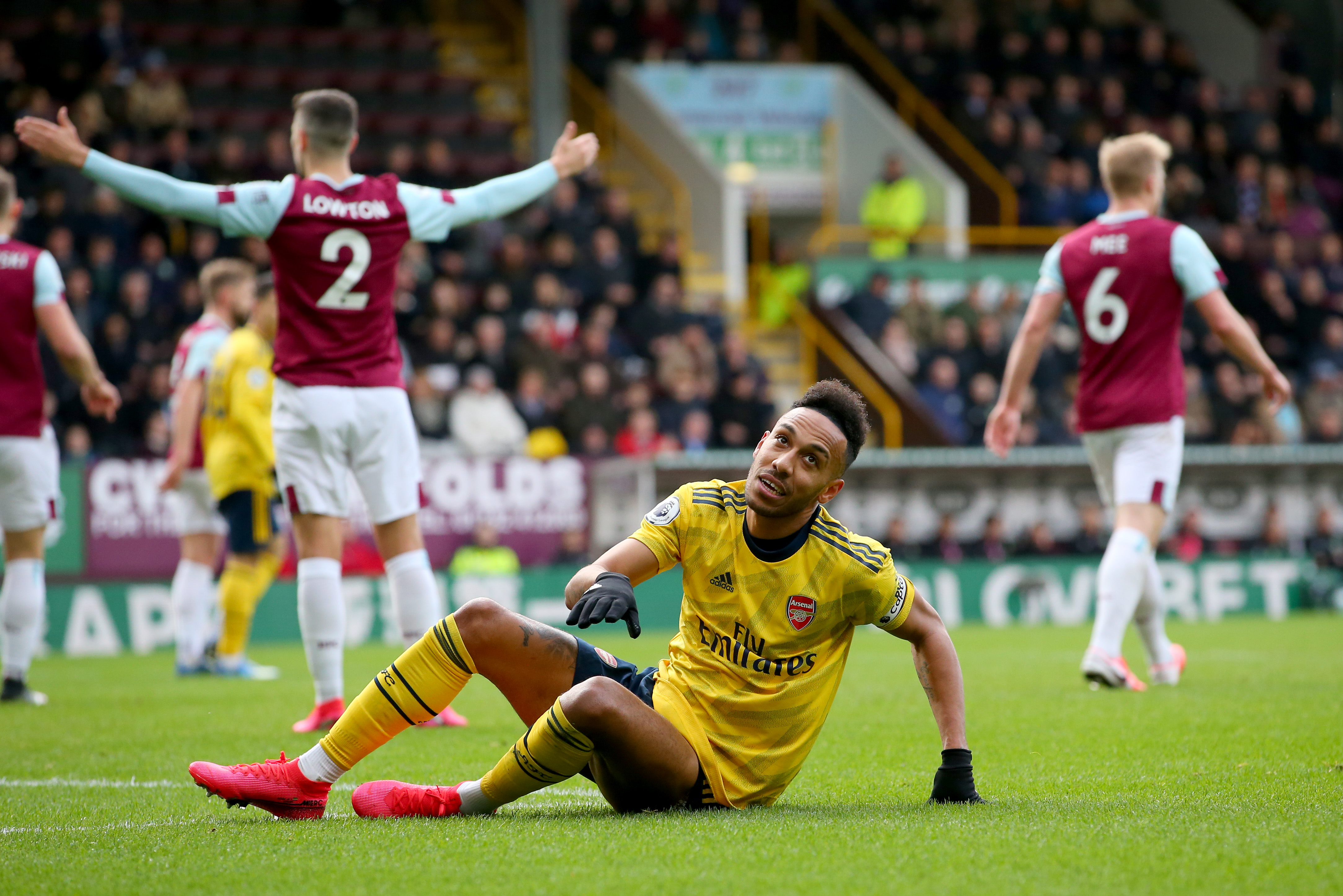 BURNLEY, ENGLAND - FEBRUARY 02: Pierre-Emerick Aubameyang of Arsenal reacts during the Premier League match between Burnley FC and Arsenal FC at Turf Moor on February 02, 2020 in Burnley, United Kingdom. (Photo by Alex Livesey/Getty Images)