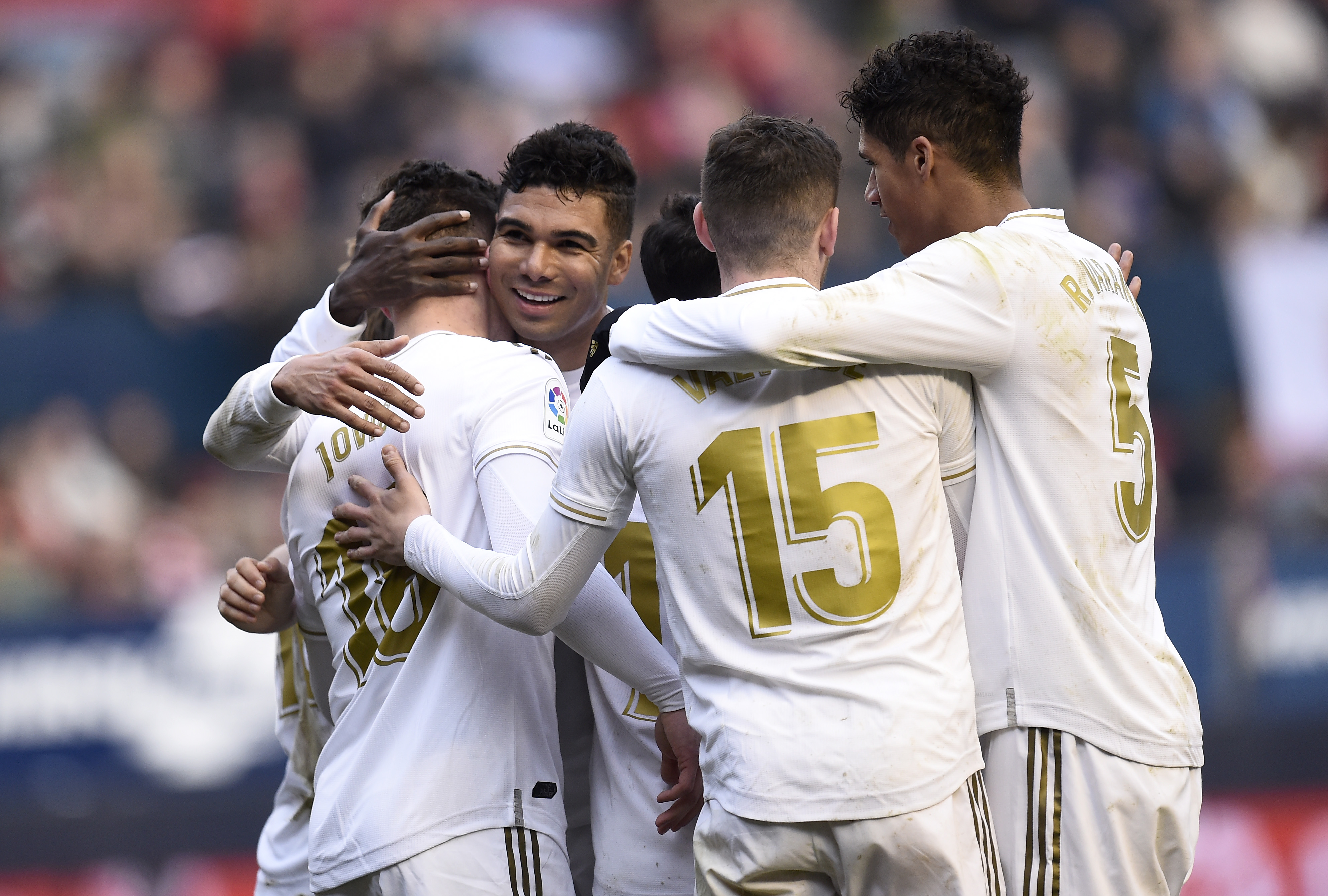 PAMPLONA, SPAIN - FEBRUARY 09: Luka Jovic of Real Madrid celebrates with his team mates after scoring his team's fourth goal during the La Liga match between CA Osasuna and Real Madrid CF at El Sadar Stadium on February 09, 2020 in Pamplona, Spain. (Photo by Juan Manuel Serrano Arce/Getty Images)