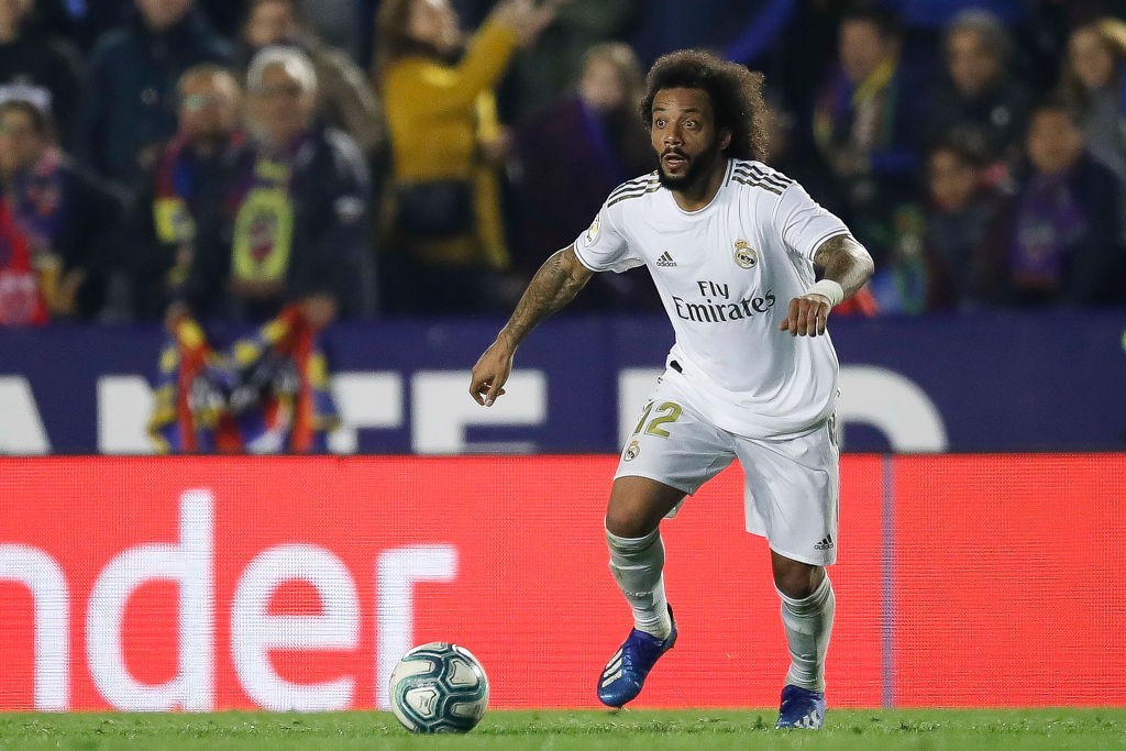 VALENCIA, SPAIN - FEBRUARY 22: Marcelo Vieira da Silva of Real Madrid runs with the ball during the Liga match between Levante UD and Real Madrid CF at Ciutat de Valencia on February 22, 2020 in Valencia, Spain. (Photo by Eric Alonso/Getty Images)