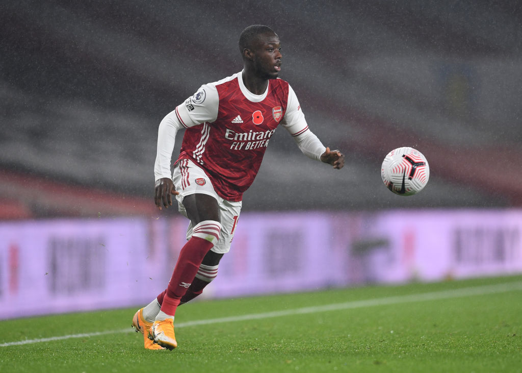 LONDON, ENGLAND - NOVEMBER 08: Nicolas Pepe of Arsenal during the Premier League match between Arsenal and Aston Villa at Emirates Stadium on November 08, 2020 in London, England. (Photo by David Price/Arsenal FC via Getty Images)